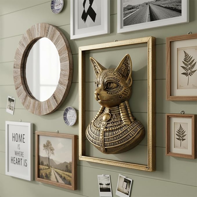 JJALIGHTS Animal Heads Wall Decor Bastet Resin Sculptures Bast the Cat-headed Goddess Wall Hanging Decoration Imitation Copper vintage Goddess of Cats Wall Sculpture for Living Room Bedroom Office