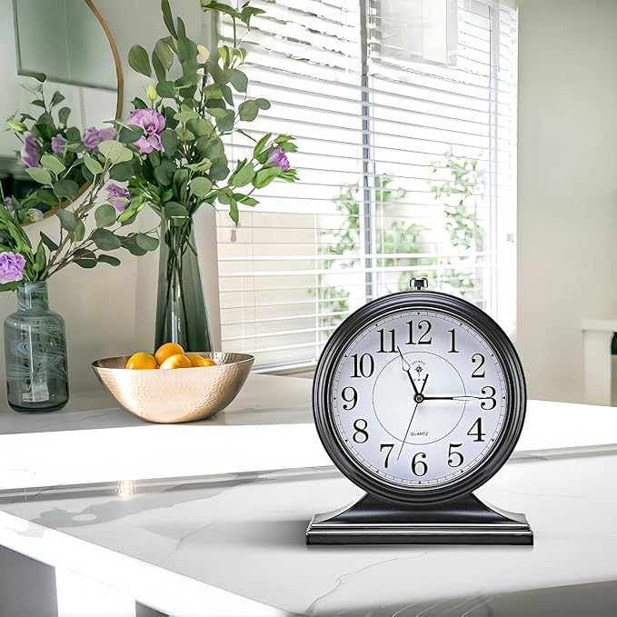 Retro Mantel Décor Desk Clock, 10-inch Vintage Table Clocks for Fireplace, Easy to Read Clocks for Living Room, Bedroom, Office, Desktop Decoration (Black)