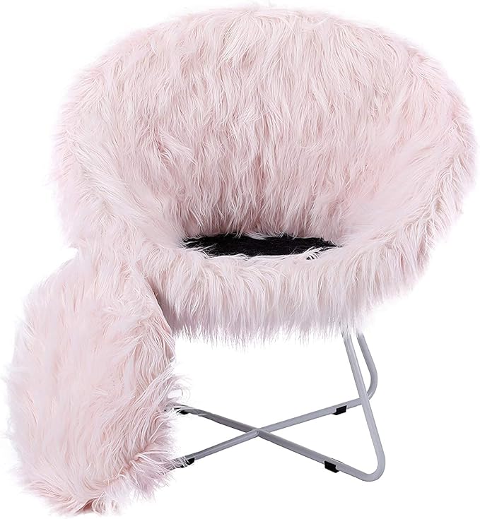 BIRDROCK HOME Faux Fur Papasan Chair with Black Legs - Luxuriously Soft & Lightweight - Wide Cushion Seat for Playroom, or Living Room - Moon Chair - Metal - Fluffy Round Seat - Circle - Pink