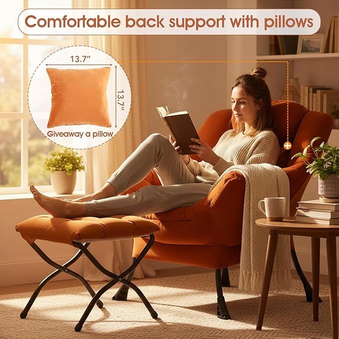 Tangerine Lazy Chair with Ottoman, Large Velvet Lounge Accent Chair with a Throw Pillow, Comfy Leisure Sofa Chair for Living Room Bedroom Dorm Room Office Apartment Reading Relaxing Use