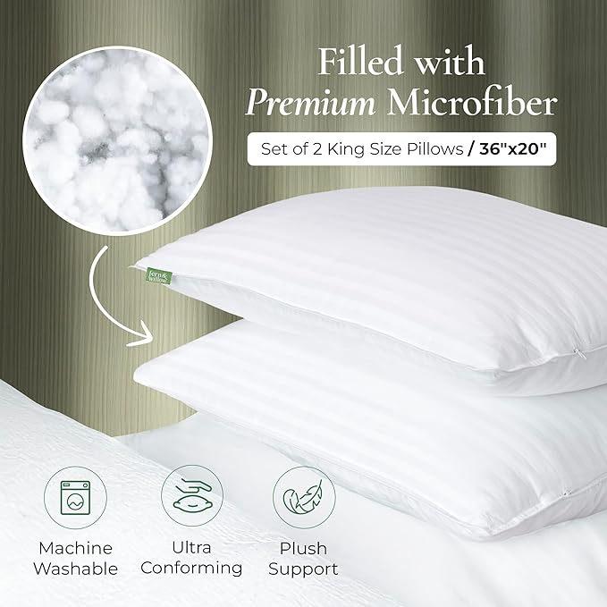 Fern and Willow Premium King Size Bed Pillows - Set of 2, 36"x20" - Luxurious Ultra-Soft Cooling Pillow - Hotel Quality, Down Alternative Fill, Medium Firm Support for Side, Back & Stomach Sleepers