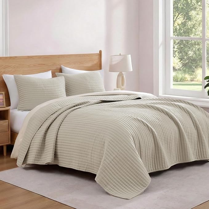 WRENSONGE Queen Quilt-3 Pieces Lightweight Bedspreads Light Oatmeal Queen Size Quilt Bedding Set for All Seasons, Soft Summer Coverlet with 2 Pillow Shams Suitable for Bed & Couch