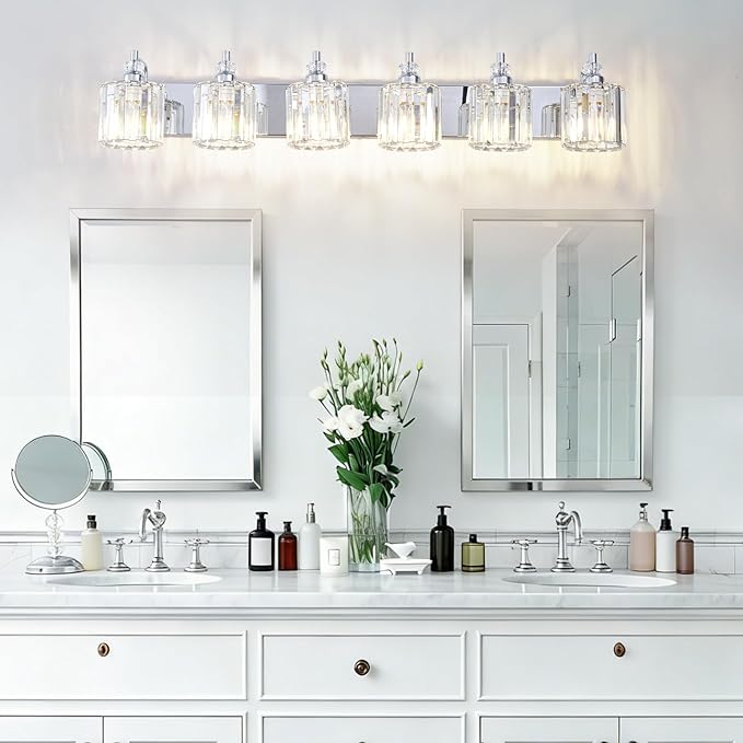 6-Light Modern Bathroom Light Fixture Chrome Bathroom Vanity Lights Over Mirror Wall Sconce Lighting with K9 Crystal Shades E26 Base for Bedroom, Living Room, Hallway Wall Lamp