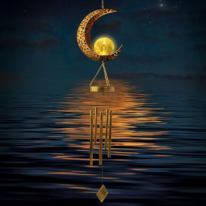 Moon Wind Chimes Solar Outdoor, Mother's Day Wind Chime Gift for Mom, Women, Grandma, Garden Courty ard Lawn Decor, Thanksgiving Gifts, Moon Gifts, Wind Chimes for Outside