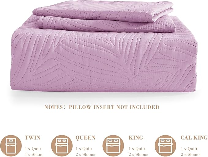 Exclusivo Mezcla King Size Quilt Bedding Set, Lightweight Lilac Quilts King Size for All Seasons, Soft Microfiber Bedspreads Coverlets Bed Cover with Leaf Pattern, 3 Piece