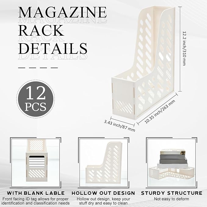 Glenmal 12 Pack Magazine Organizers Binder Organizer for Desk Plastic Vertical File Holder Magazine Racks Desk Accessories for Office, Home, or School (White)