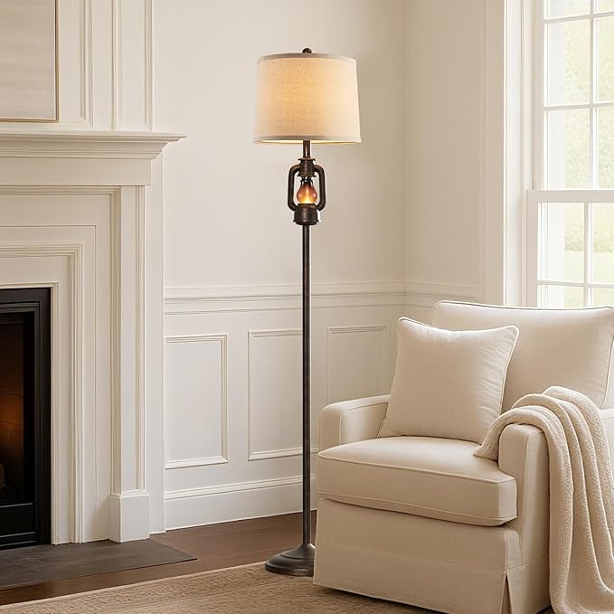 63'' Farmhouse Lantern Floor Lamp for Living Room with 2 Light Sources, Rustic Vintage Resin Tall Standing Lamp with Glass Night Light for Bedroom Office Study Room, Bulb Included (Bronze)