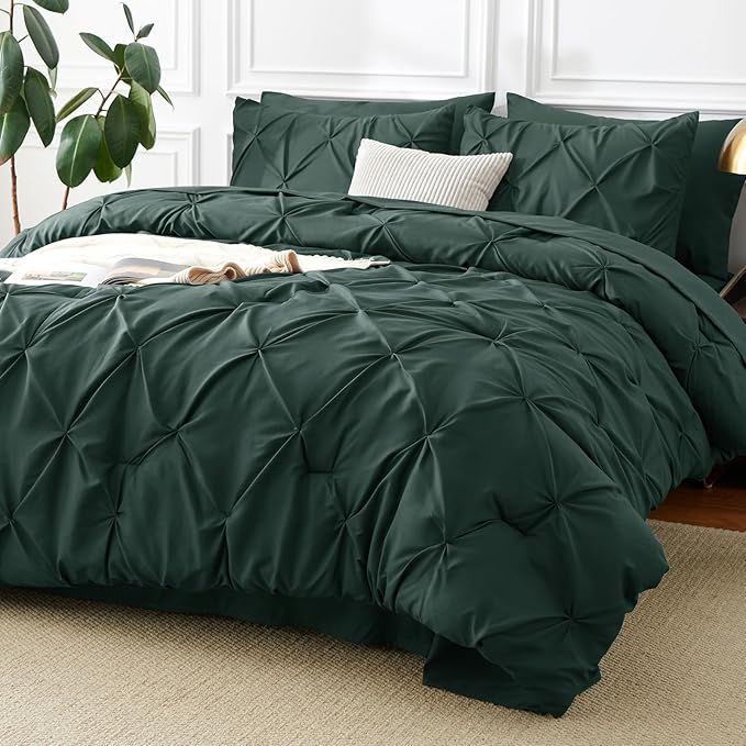 CozyLux Queen Comforter Set Forest Green, 7 Pieces Pintuck Bed in A Bag, Premium Green Comforter Queen Size, Pinch Pleat Bedding Sets with Comforter, Sheets, Pillowcases & Shams