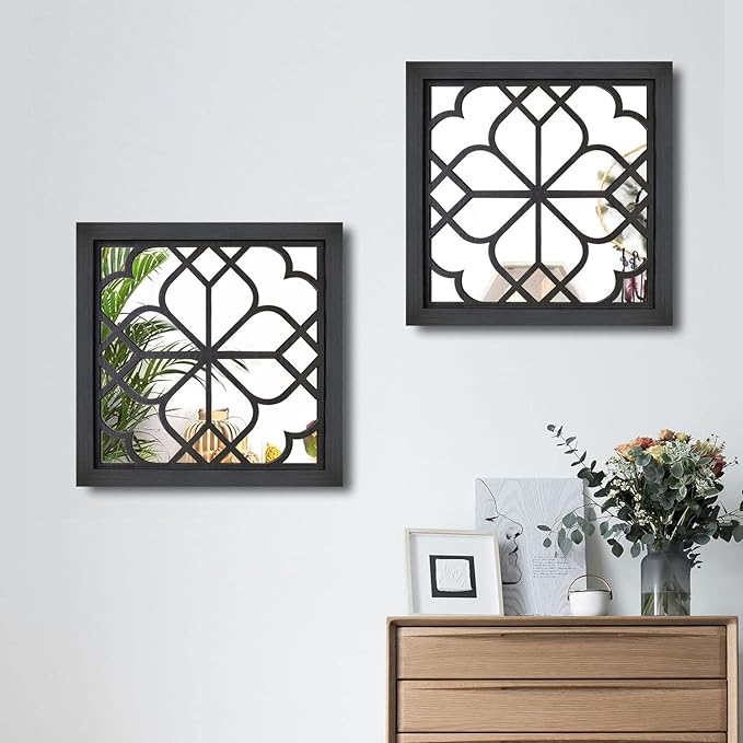 Wocred 2 PCS Square Wall Mirror,Gorgeous Rustic Farmhouse Accent Mirror,Black Entry Mirror for Bathroom Renovation,Bedrooms,Living Rooms and More(16”x16”)