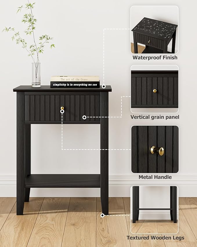 Fluted Nightstand, Farmhouse Night Stand with 1 Drawers, Mid Century Modern Side Accent Table,Bedside End Table for Bedroom, Living Room, Black