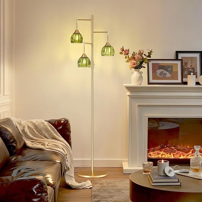 Dimmable Floor Lamp for Living Room, Bedroom, Gold Standing Lamp with 3pcs 6W Bulbs, Vintage Brass Floor Lamps for Corner, Nursery (Green Tulip)