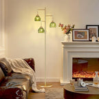 Dimmable Floor Lamp for Living Room, Bedroom, Gold Standing Lamp with 3pcs 6W Bulbs, Vintage Brass Floor Lamps for Corner, Nursery (Green Tulip)