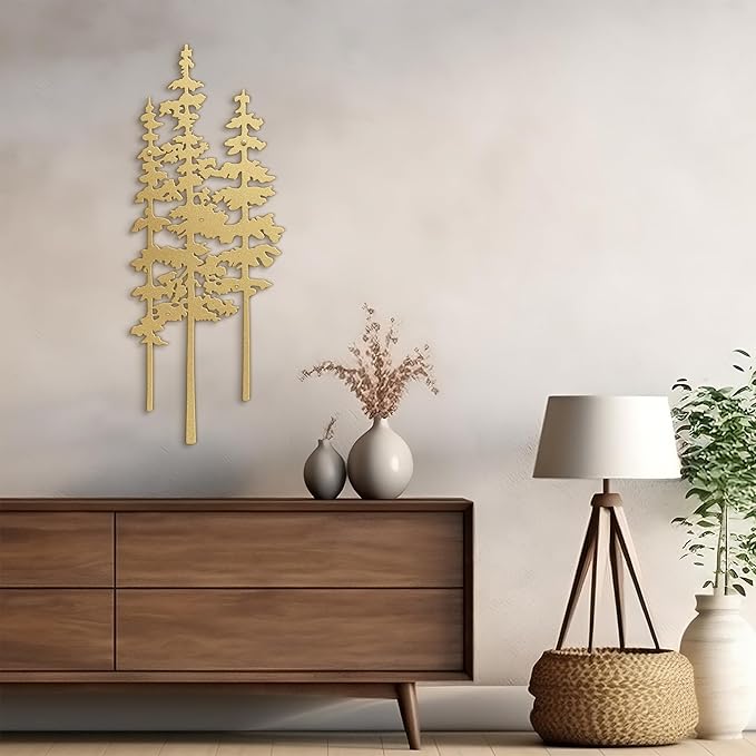 Metal Wall Art Decor Forest Pine Trees Minimalist Iron Tree Design Modern Nature-Inspired Wall Sculpture Hangings Home Decoration for Living Room, Bedroom, Bathroom, Kitchen, Outdoor - 36" Gold