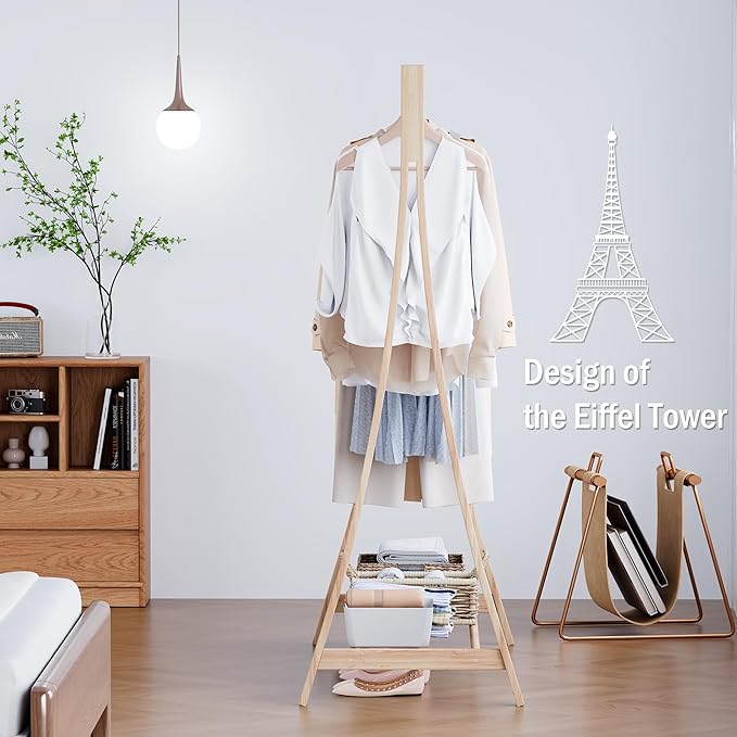 Wooden Retail Display Hanging Clothes Rack with Storage Shelf, 52" W x 57" H Freestanding Heavy Duty Clothing Drying Garment Rack for Hanging Clothes, Coat, Dress, Shirt, Hat