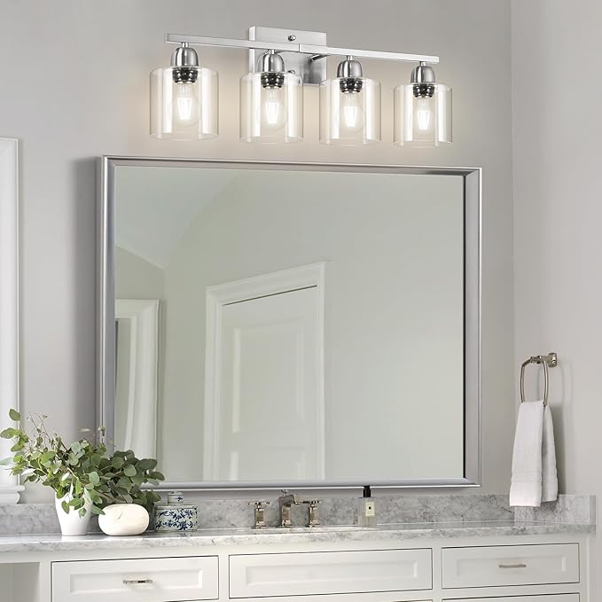 Modern Brushed Nickel 4 Light Bathroom Light Fixtures, 24 inch Vanity Lights for Bathroom with Clear Glass, Vanity Lights for Mirror Kitchen Living Room Hallway Cabinet Porch