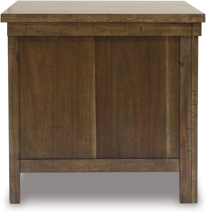 Signature Design by Ashley Moriville Rustic Farmhouse Rectangular End Table with Dual Cabinet Doors, Antique Bronze-Tone Hardware, Wood, 25" High, Brown