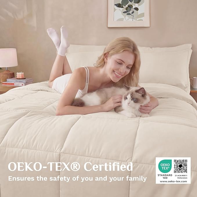 JOLLYVOGUE Queen Comforter Set, Ultra-Soft Bed in a Bag Queen Size 7 Pieces, Oeko-TEX Certified Bedding Set with Down Alternative Comforter, Sheets, Pillowcases & Shams, Beige