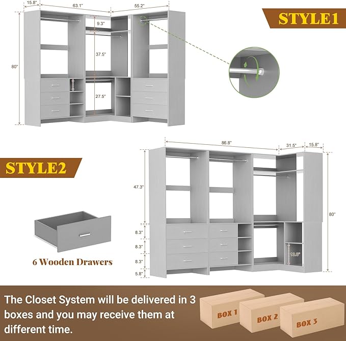 Aheaplus Closet System with 6 Drawers, 4 Hanging Rods & Corner Tower, Corner Closet System with Hanging, 86.8" L-Shaped Walk-In Wardrobe Organizer, 2000+ lbs Capacity, Set of 3, Grey