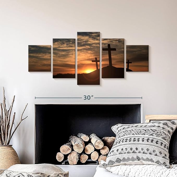 Elephant Stock Cross Silhouettes Wall Art Multi Piece Canvas - 5 Panel Christian Pictures Decor - Digital Design Canvas Print - Christian Wall Decor - 36" X 15"