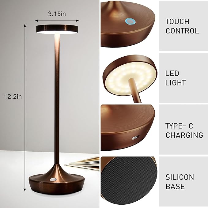 Cordless Table Lamp Rechargeable - 6000mAh LED Battery Operated Table Light - Portable Touch Dimmable Outdoor Waterproof Table Lamps for Patio Bar Restaurant Dining (2 Brown)