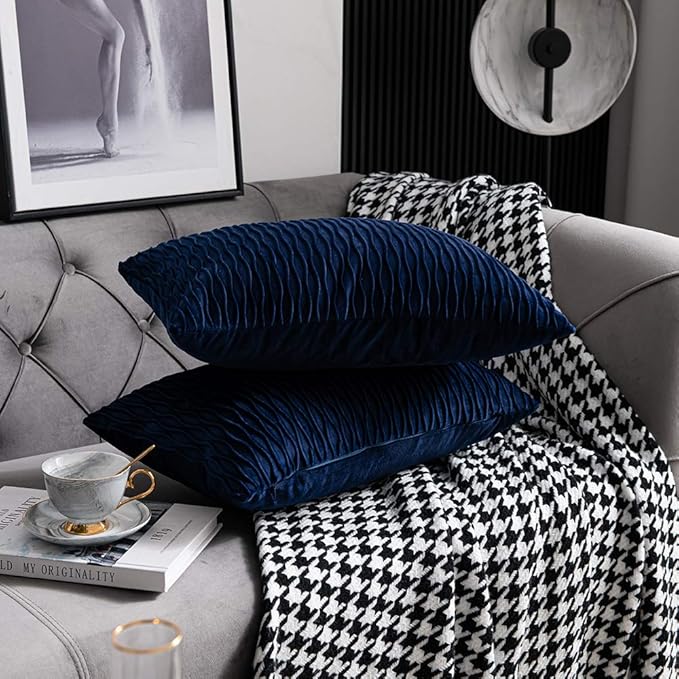 Navy Striped Couch Pillow Cases: 2 Pack 12x20 Inch Original Velvet Rectangular Throw Pillow Covers for Farmhouse Home Decor
