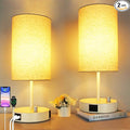 HiBay 2-Pack 17.75" Dimmable Bedside Table Lamps with 2 USB Charging Ports & AC Outlet, Modern White Nightstand Lights with Round Fabric Shade for Bedroom Living Room Office, Bulb Included