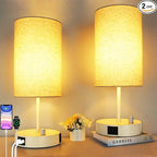 HiBay 2-Pack 17.75" Dimmable Bedside Table Lamps with 2 USB Charging Ports & AC Outlet, Modern White Nightstand Lights with Round Fabric Shade for Bedroom Living Room Office, Bulb Included