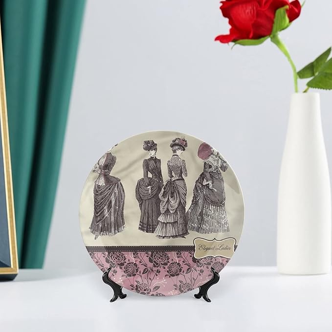 XISUNYA 7 Inch Decorative Plate, Victorian Ceramic Plate, Women Fashion Handbag Print Ceramic Display Plate for Decorative Ornaments Giving Plates, 1 Plate with 1 Display Stand, Muticolor