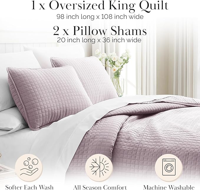 Southshore Fine Living, Inc. Oversized King Quilt Set, Lavender Quilt Bedspread King/California with 2 Matching Pillow Shams, Machine Washable Bedding, Soft & Cozy Coverlet, Lavender
