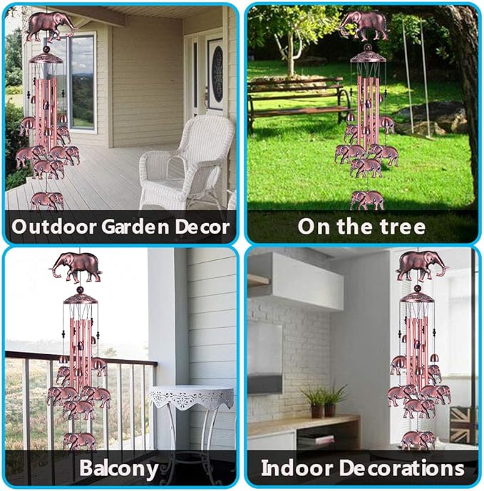 Garden Elephant Wind Chimes Outdoor Indoor Decor - With 4 Tubes 6 Bells 7 Elephants Wind Chime, Mobile Wind Catcher, Elephant Windchimes for Home, Mom Gifts, Balcony, Tree, Festival, Garden Decoration