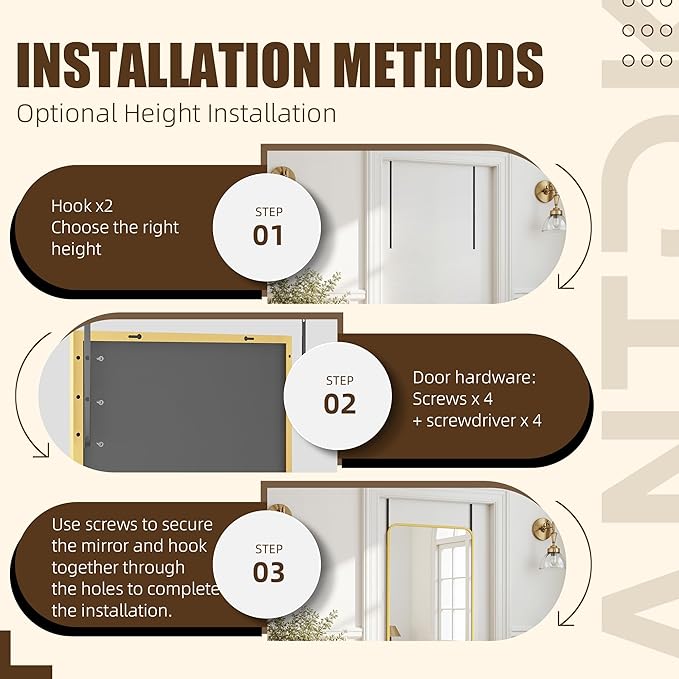 Antok Over The Door Mirror Full Length, 49'' x 14''Wall Mounted Hanging Mirror, Aluminum Alloy Frame, Shatterproof Glass, No Drill Installation for Bedroom, Closet, Bathroom, Dorm, Round Corner,Gold