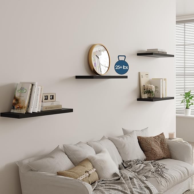Wall Shelf Set of 1,Dark Wood Floating Shelves 24 in W x 10 in D x 1 in H, Wooden Floating Wall Shelf with Invisible Brackets for Living Room/Bedroom/Bathroom/Kitchen Storage and Decor