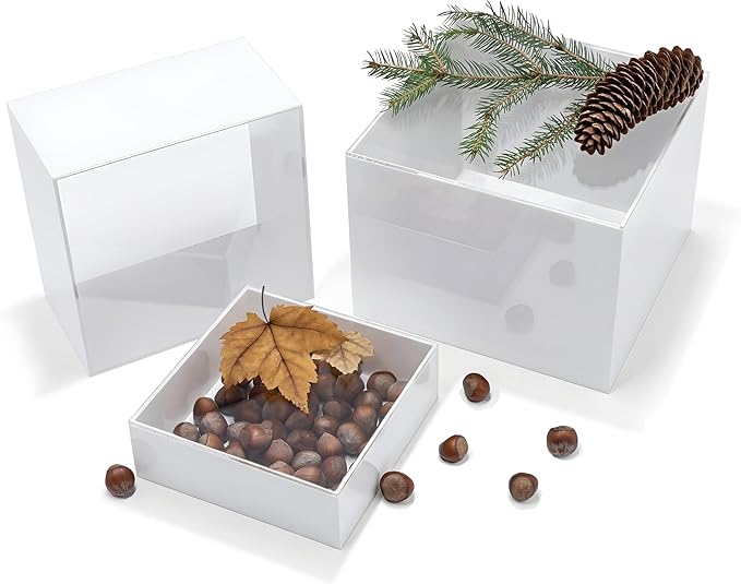 Red Co. Set of 3 Glossy White / Clear Top Acrylic Cube Display Nesting Risers with Hollow Bottoms
