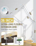 10X Magnifying Glass with Light and Clamp, Ultra Long 3 Section Swing Arm LED Desk Lamp, Real Glass Lens, 5 Color Modes Dimmable, Hands Free Lighted Magnifier with Stand for Repair Crafts - White