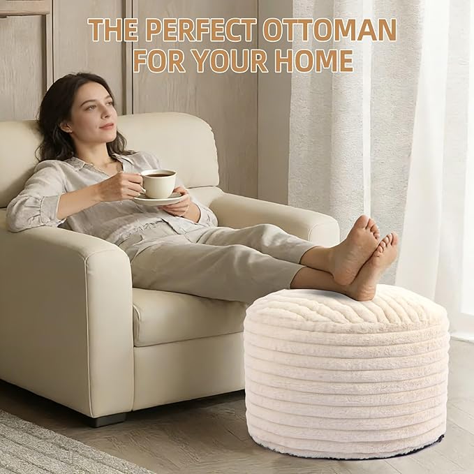 Round Stuffed Pouf Ottoman Foot Rest for Couch Round Ottoman with Foam Chunk Filling Stripe Faux Fur Ottomans for Living Room Floor (26"x18",Beige)