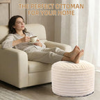Round Stuffed Pouf Ottoman Foot Rest for Couch Round Ottoman with Foam Chunk Filling Stripe Faux Fur Ottomans for Living Room Floor (26"x18",Beige)
