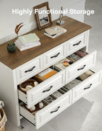 Marsail Farmhouse 7 Drawer Dresser, Wood Chest of Drawers with Natural Texture, Smooth Gliding Drawers, Versatile Storage Organizer Cabinet for Bedroom & Living Room, White and Brown