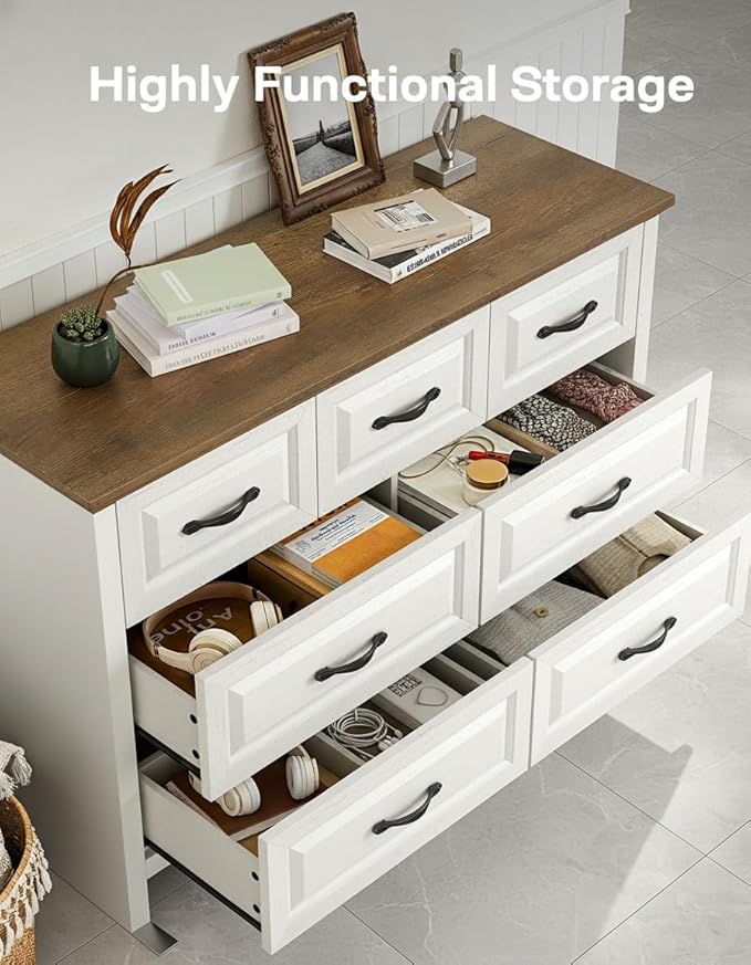 Marsail Farmhouse 7 Drawer Dresser, Wood Chest of Drawers with Natural Texture, Smooth Gliding Drawers, Versatile Storage Organizer Cabinet for Bedroom & Living Room, White and Brown