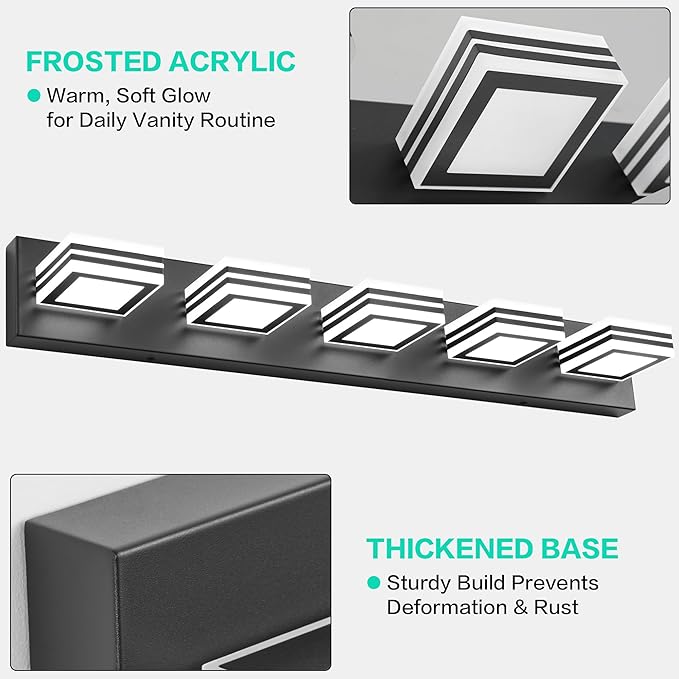 SOLFART LED Bathroom Lighting Fixtures - 5 Lights Modern Matte Black Acrylic Vanity Lights for Mirror 32inch 24W