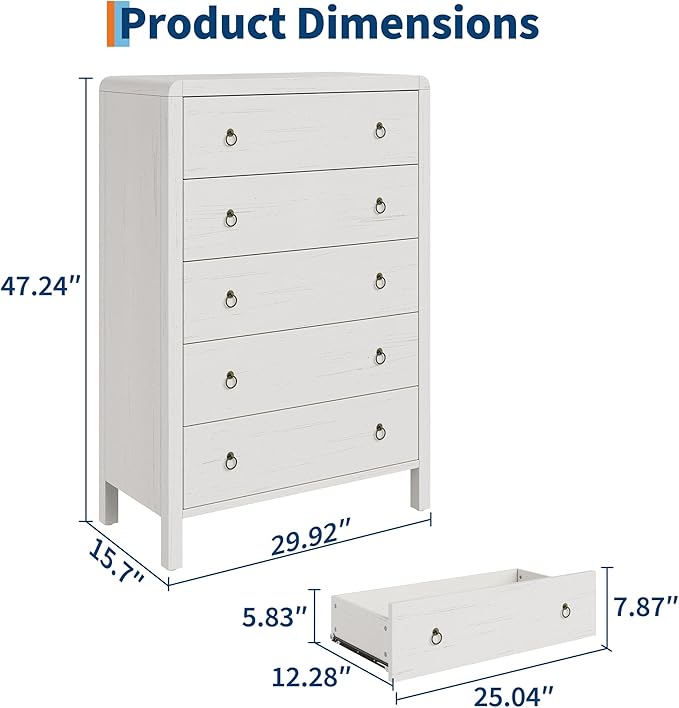 GarveeHome 5 Drawer Dresser for Bedroom, 47" Tall Modern Chest of Drawers, Curved Profile Design, Wood Drawer Organizer for Bedroom, Living Room, Hallway, Entryway, White