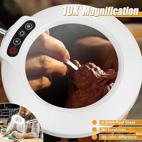 10XMagnifying Glass with Light and Stand (No Acrylic Lens), 2-in-1 Lighted Magnifier with Clamp, 5 Color Modes Dimmable LED Desk Lamp Hands Free for Painting Craft Sewing Hobby Close Work White