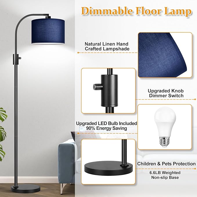 【Upgraded】 Dimmable Matte Black Floor Lamp, 1202 Lumens LED Bulb Included, Arc Floor Lamps for Living Room Modern Standing Lamp with Blue Shade, Tall Lamp for Living Room Bedroom Office Reading Room