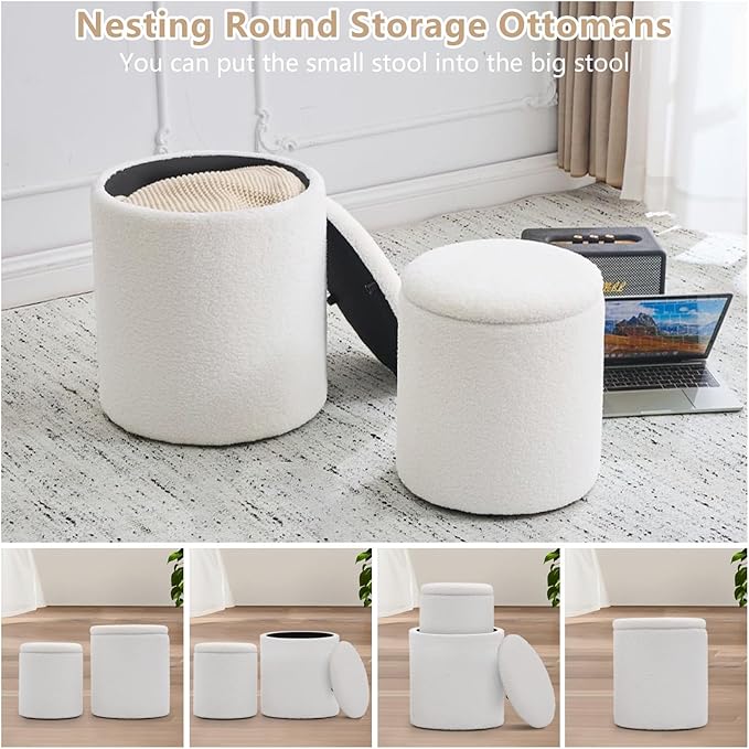 Round Set of 2 Ottoman with Storage, Boucle Storage Ottoman Foot Stool, Soft Teddy Upholstered Small Vanity Stool, Ottomans Coffee Table Padded Seat Foot Rest for Living Room Bedroom, White