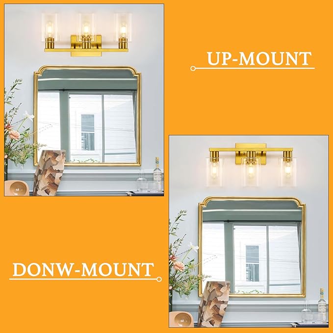 Gold 3-Light Bathroom Vanity Light, Modern Brushed Gold Vanity Lights with Clear Glass Shades, Bathroom Wall Sconce Lamp for Mirror Living Room Bedroom Hallway