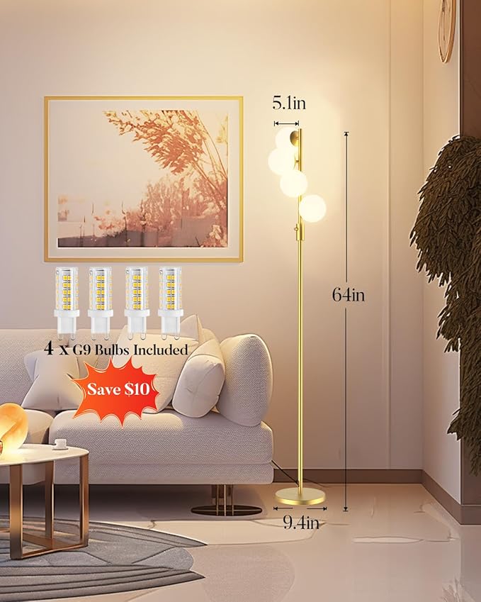 Lightdot 64IN Dimmable Globe Floor Lamp, Gold Standing Lamps with 4PCS 3000K Bulbs Soft Warm White Eye Care, Mid Century Modern Floor Lamp for Living Room/Bedroom/Sofa Beside/Corner Decor