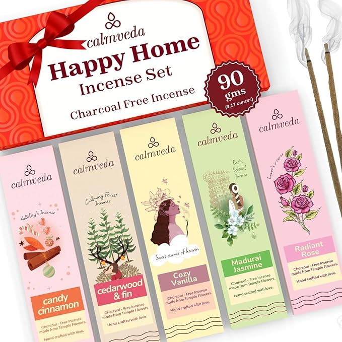 Happy Home Incense Sticks Multipack- (5 Variants) Charcoal Free, Made from Upcycled Flowers | Insense Cozy Warm Sticks Like Vanilla Cake, Balsam Cedar, Rose & Cinnamon | Perfect Incense Gift Set