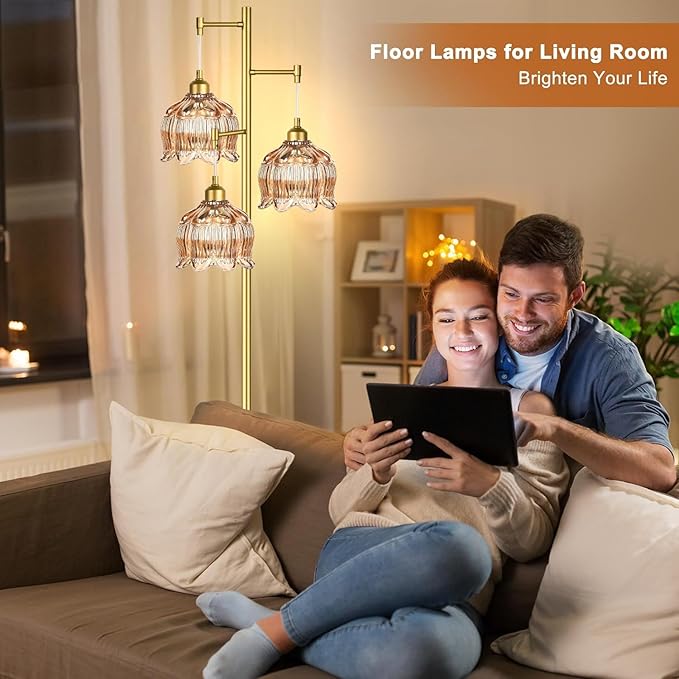 Gold Floor Lamp for Living Room Bedroom,Modern Floor Lamps with Unique Glass Shades,68IN Mid Century Tall Standing Lamp,Vintage Tree Floor Lamp for Corner Office Reading,3 Light Bulb Included