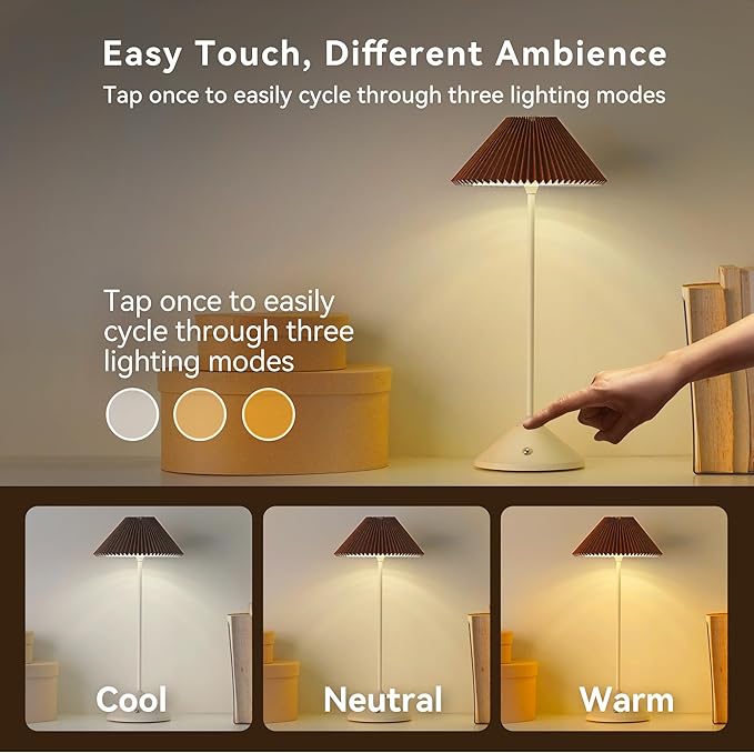 Cordless Rechargeable Touch-Control LED Table Lamp – 3 Adjustable Color Temperatures, Lightweight & Portable, Matte Metallic Finish, Waterproof, Battery Operated for Indoor& Outdoor (White)