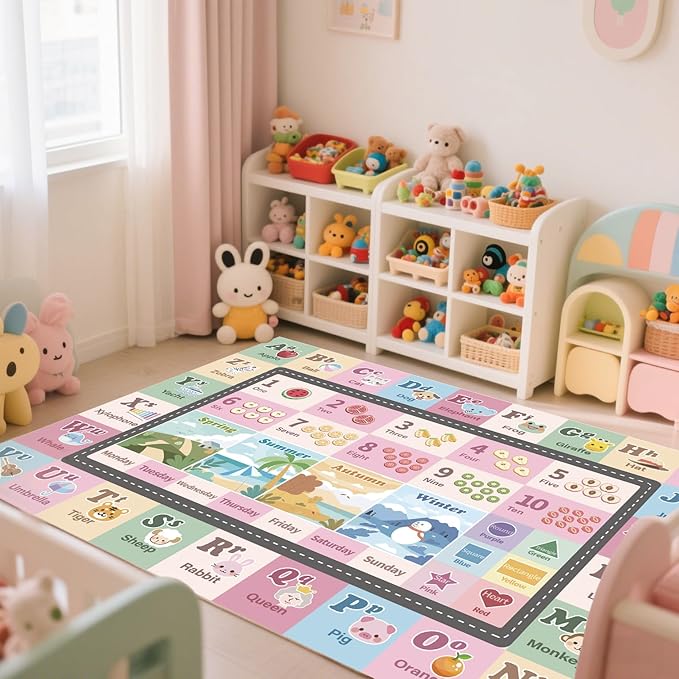 Kids ABC Rug for Playroom, Classroom Alphabet Area Carpet Playmat,Washable Toddler Mat for Baby Room,Play Room,Bedroom,Floor,Nursery (Pink,7'x10')