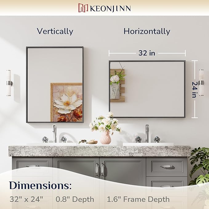 Keonjinn 24 x 32 Inch Black Mirror for Wall, Rectangle Bathroom Vanity Mirrors for Over Sink, Metal Framed Farmhouse Mirror, Square Corner Brushed Rectangular Mirror(Horizontal/Vertical)